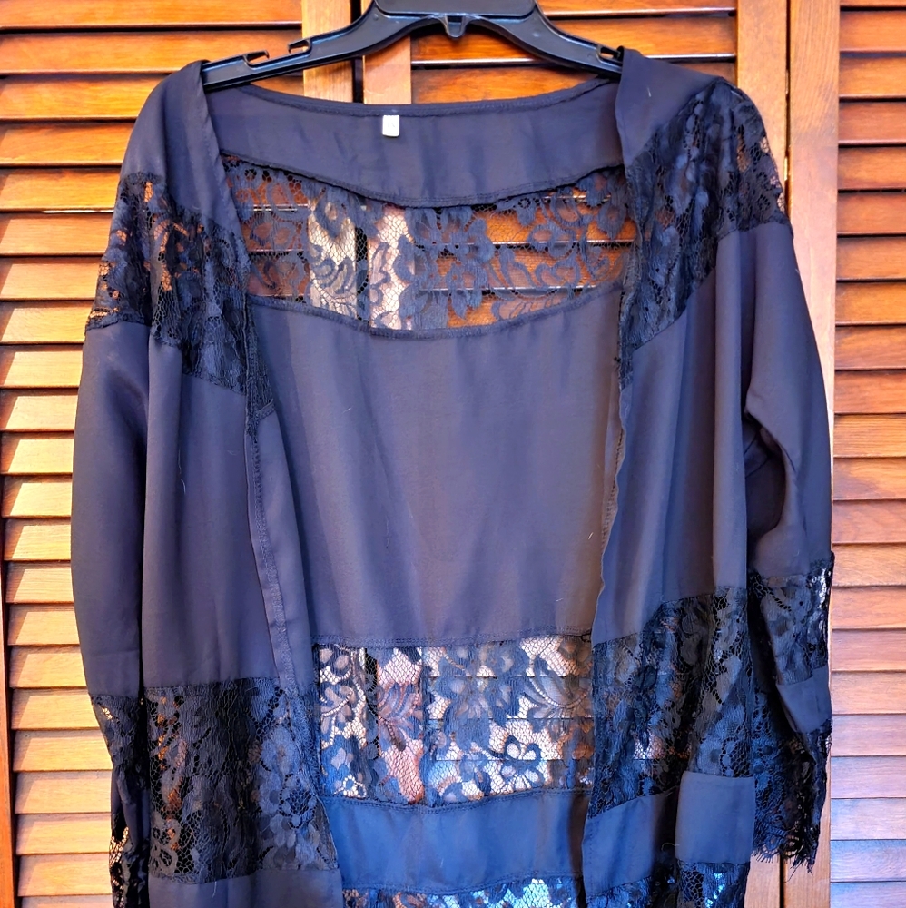 Black medium lace/sheer striped open thin cardigan